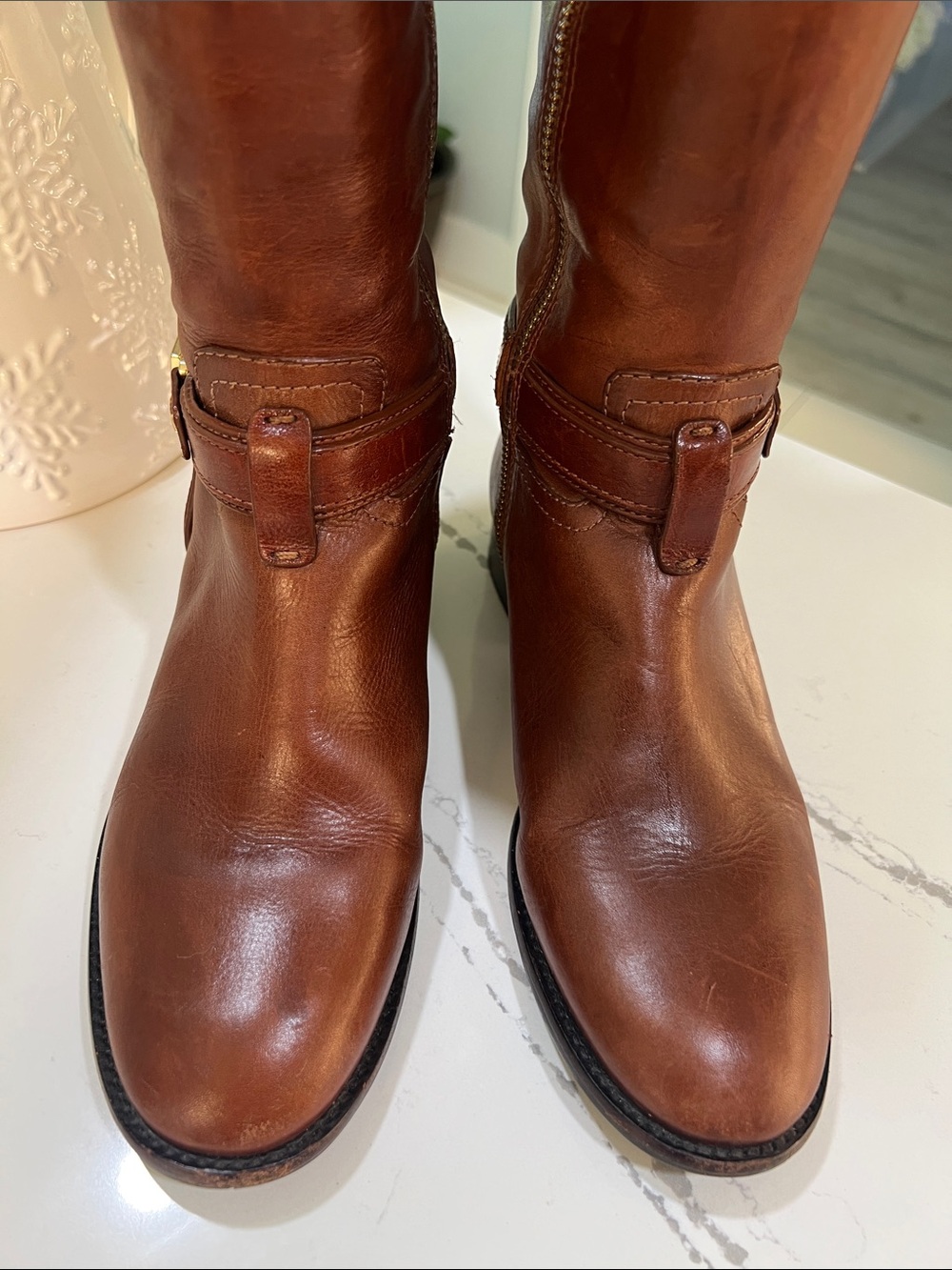 Tory Burch Chestnut Leather Riding Boots with Gold Logo Buckle size 7 - Picture 15 of 16